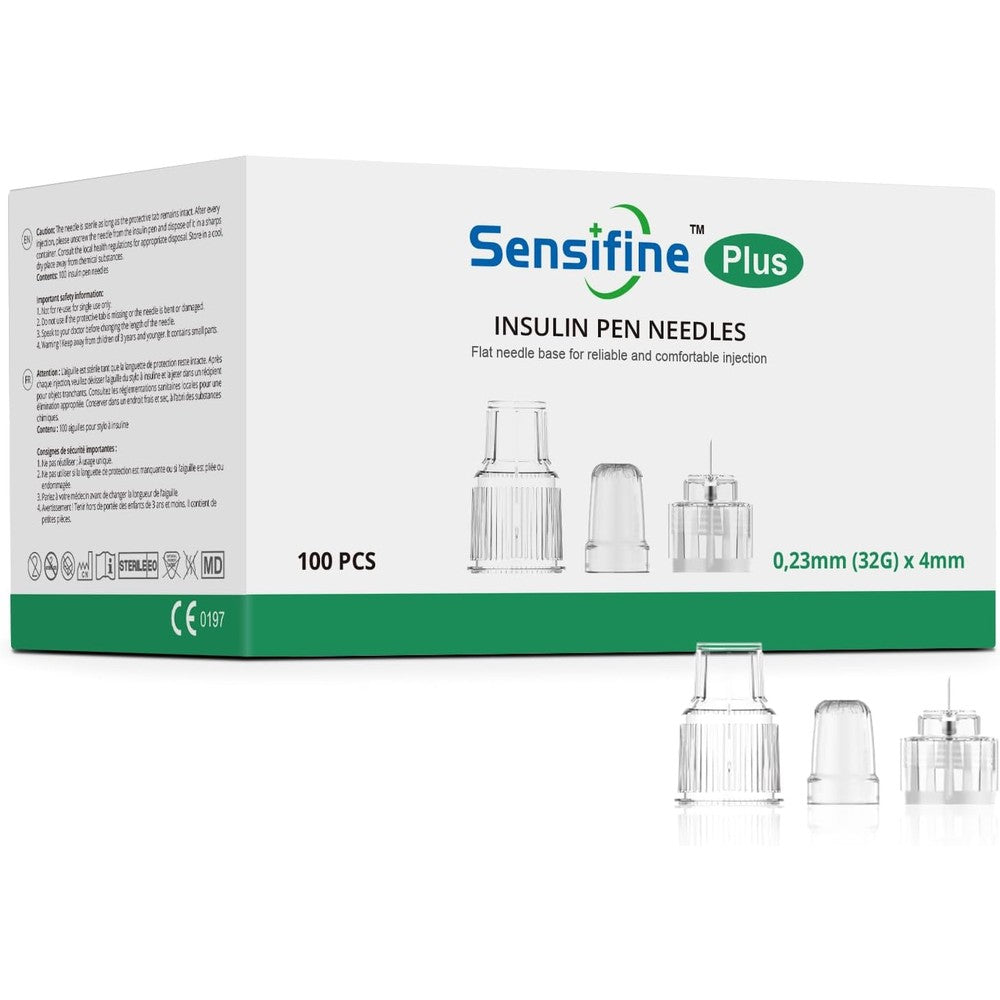 Sensifine Insulin Pen Needles 100 count box front view for diabetic care.