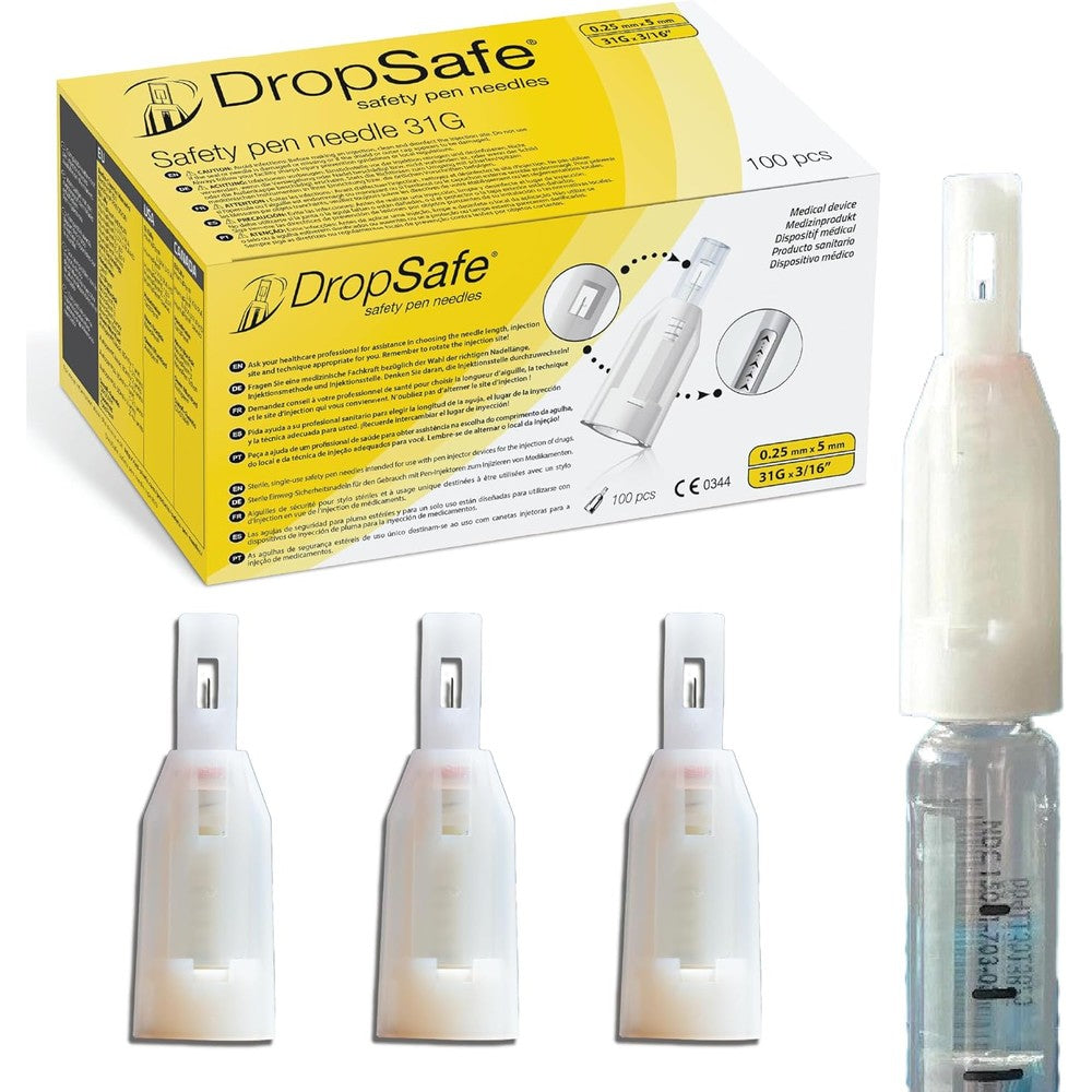 DropSafe Safety Pen Needles 100 count box front view for insulin delivery.