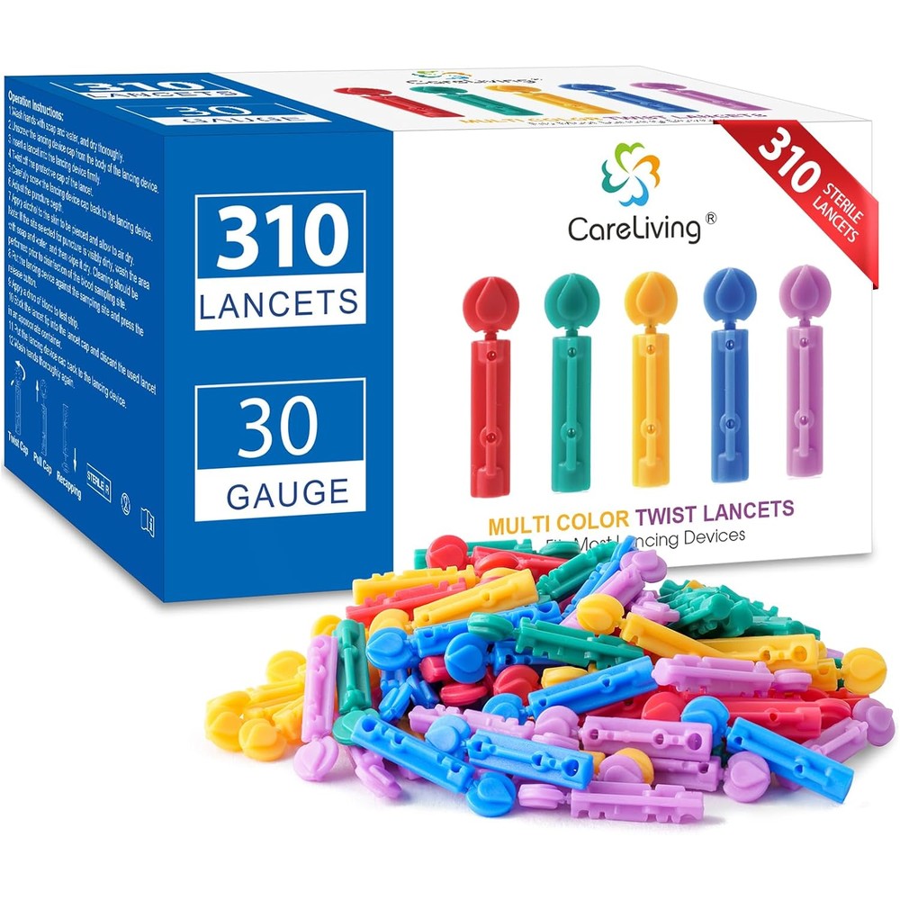 CareLiving 30 gauge diabetic lancets 310 count front package view for glucose testing.
