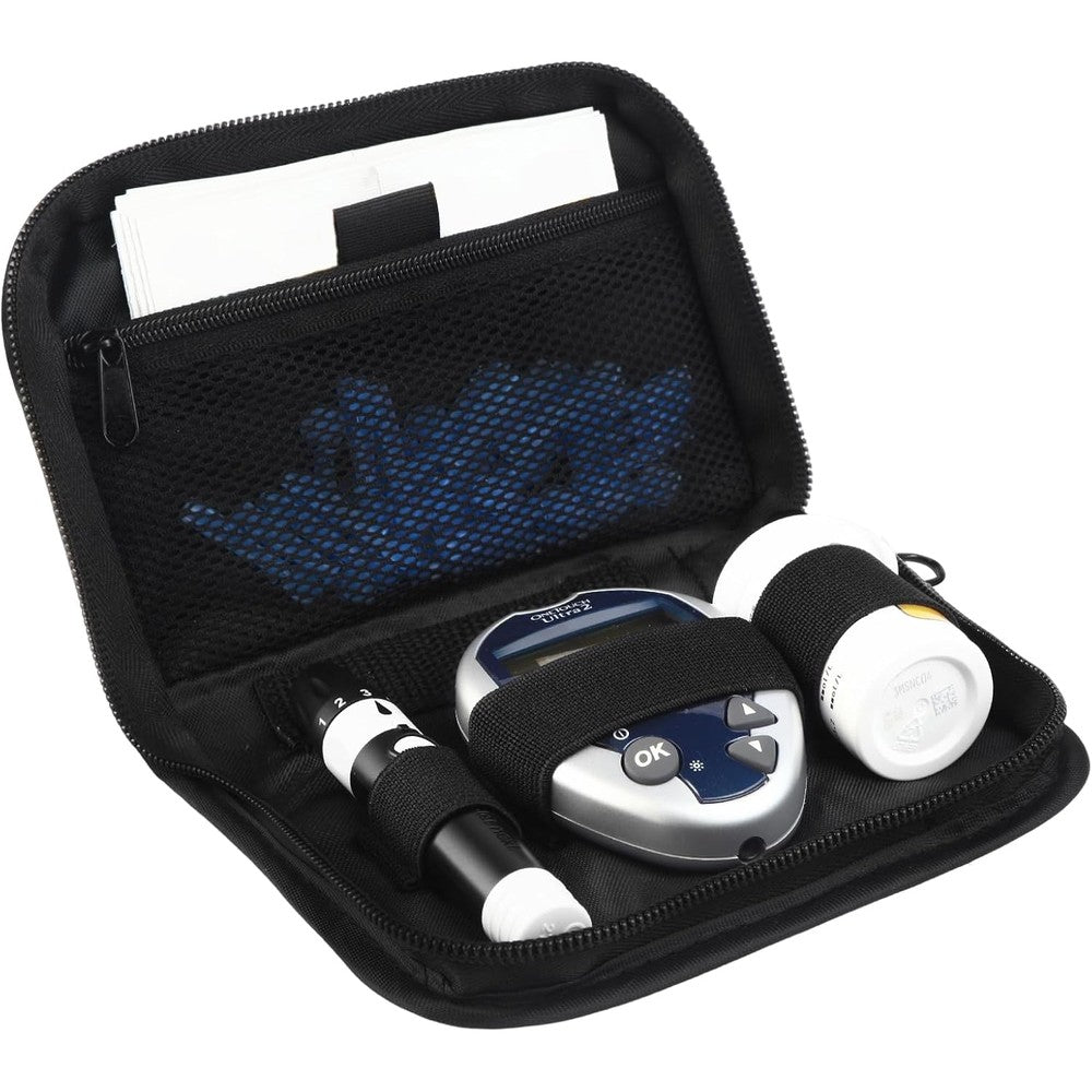 GENCAM diabetes travel case front view showing black water resistant Oxford cloth exterior