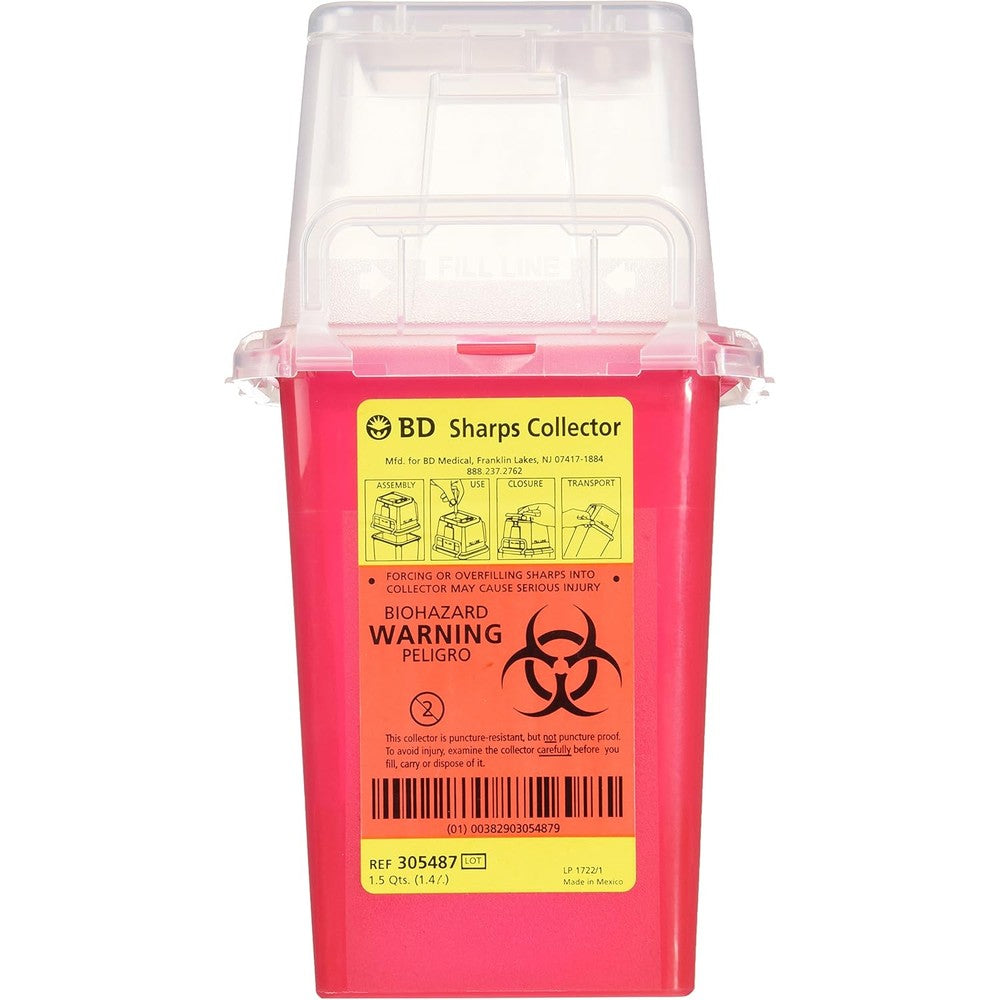 BD Sharps Collector 1.5 Quart red container front view for needle disposal.