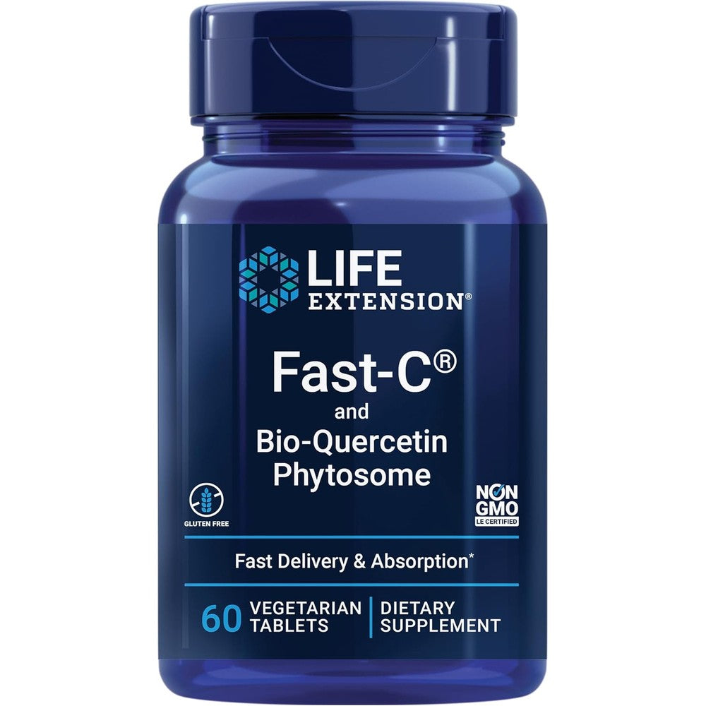 Life Extension Fast-C and Bio-Quercetin dietary supplement front bottle view for immune system support.