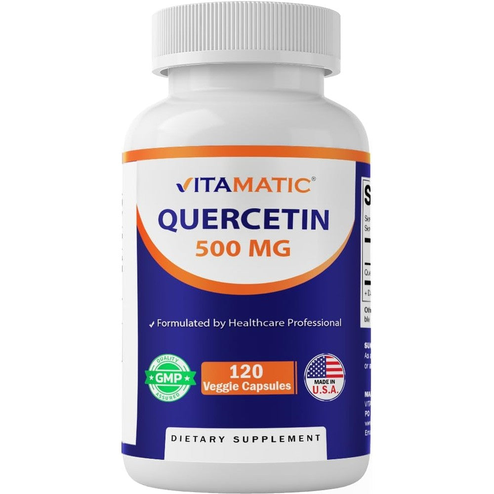 Vitamatic Quercetin 500 mg dietary supplement bottle front view showing 120 vegetarian capsules label