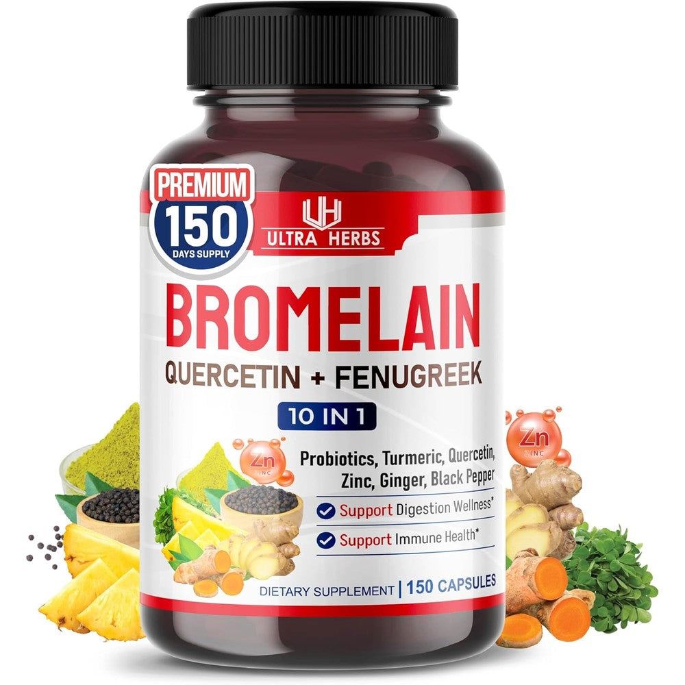 Ultra Herbs Bromelain supplement bottle front view showing the 10-in-1 formula badge.