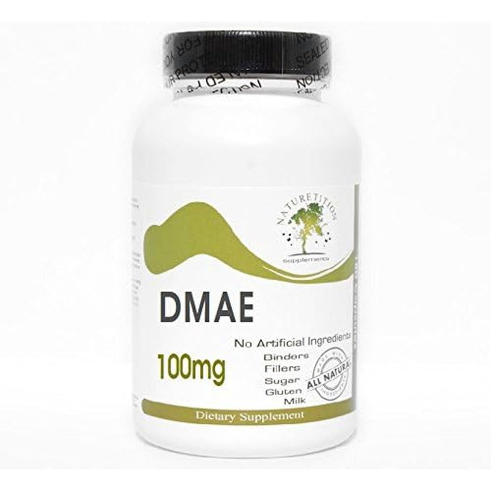 Source Naturals DMAE 100mg 100 capsules front view showing authentic cognitive support supplement bottle.