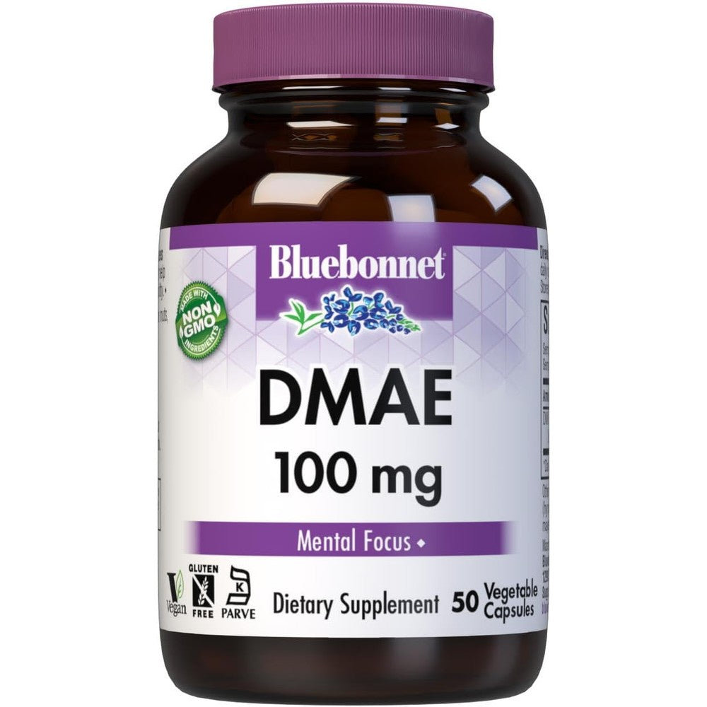 BlueBonnet Nutrition DMAE 100mg 50 Vegetable Capsules front bottle view for mental focus support