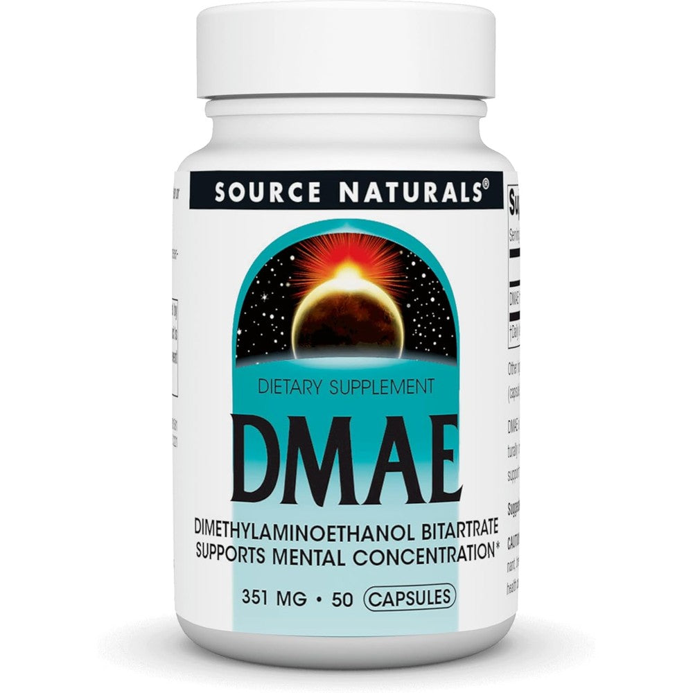 Source Naturals DMAE 50 Capsules front view showing label for mental concentration supplement