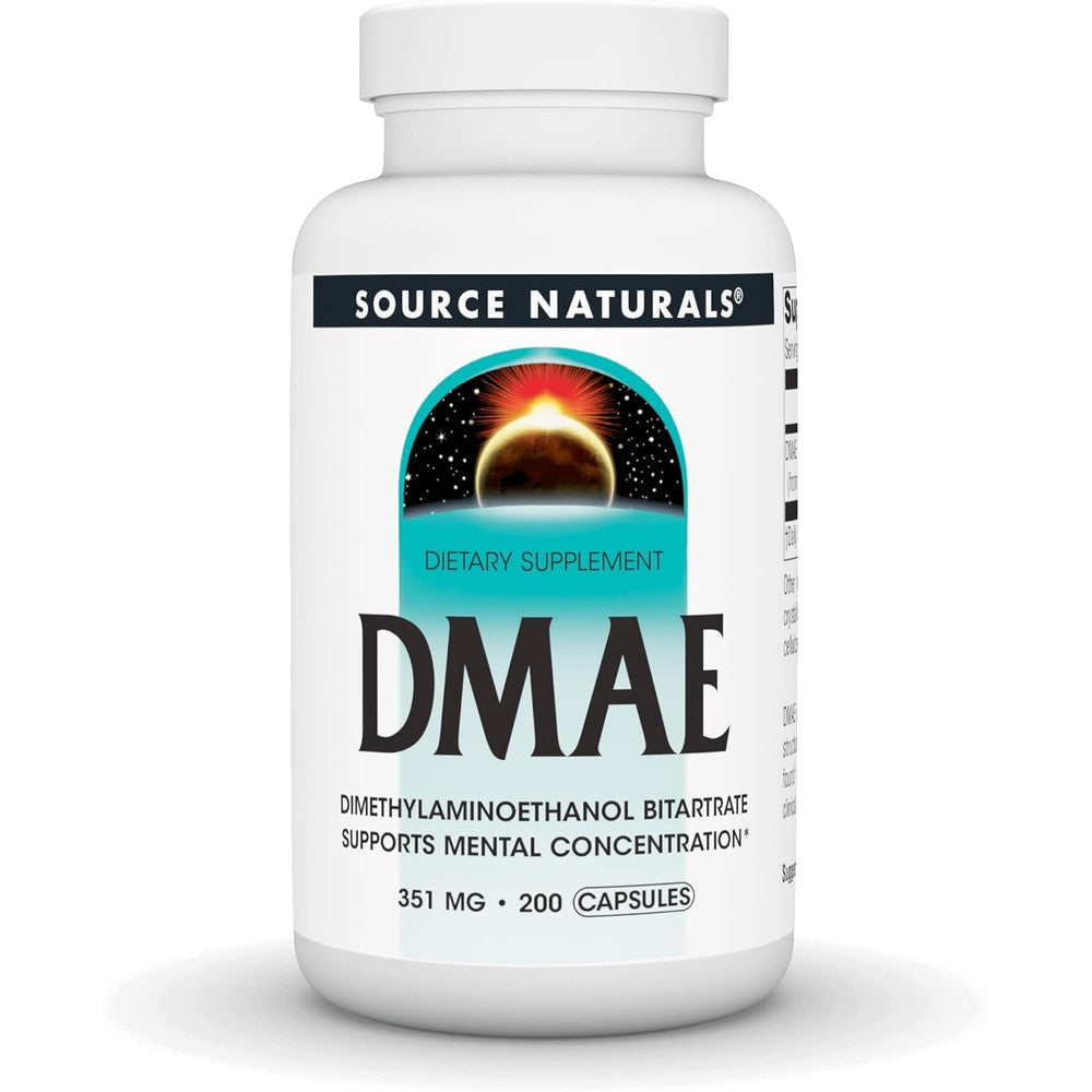 Source Naturals DMAE 351 mg 200 capsules front view showing original packaging for mental focus.
