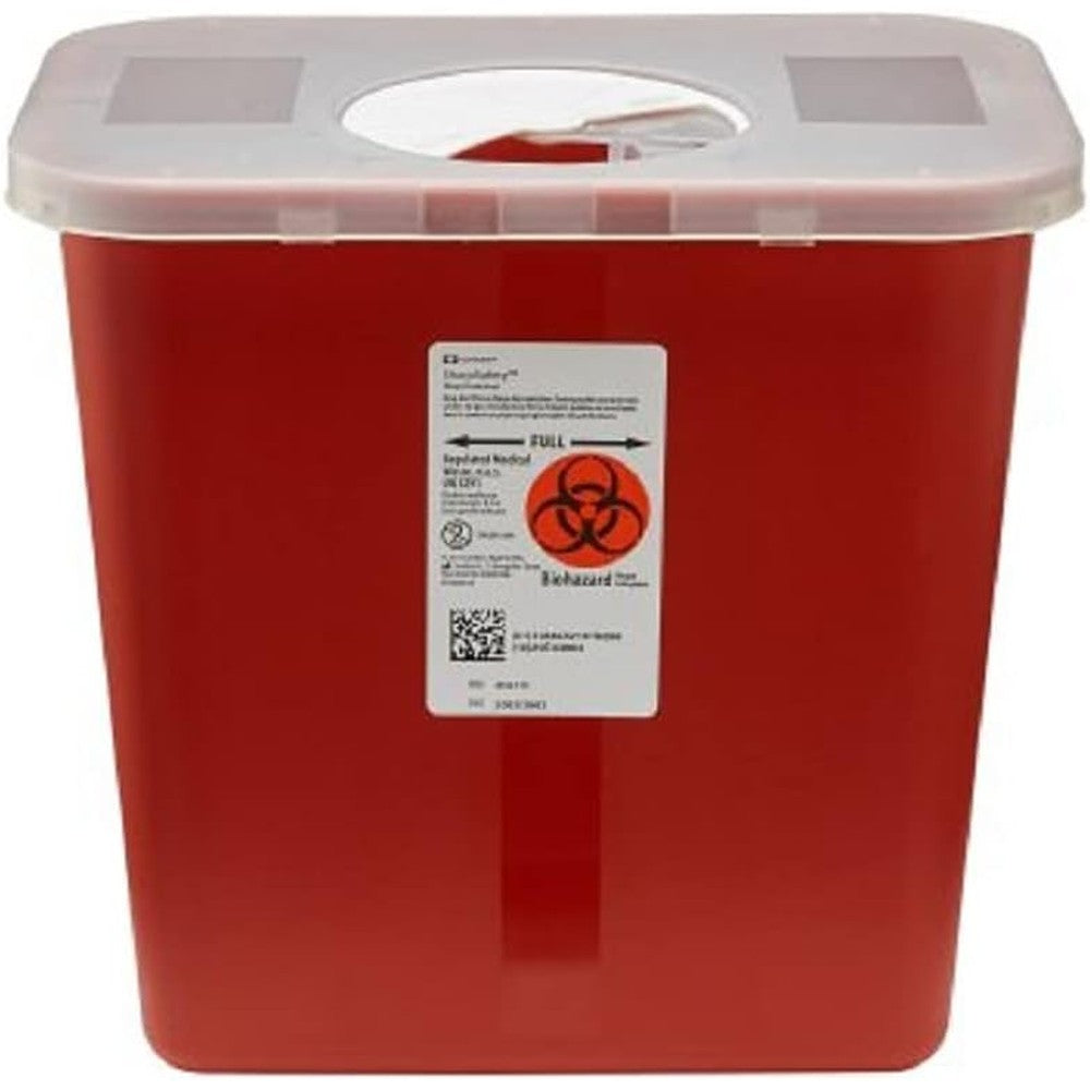 Kendall Multi-Purpose Sharps Container 2 Gallon red biohazard bin front view.