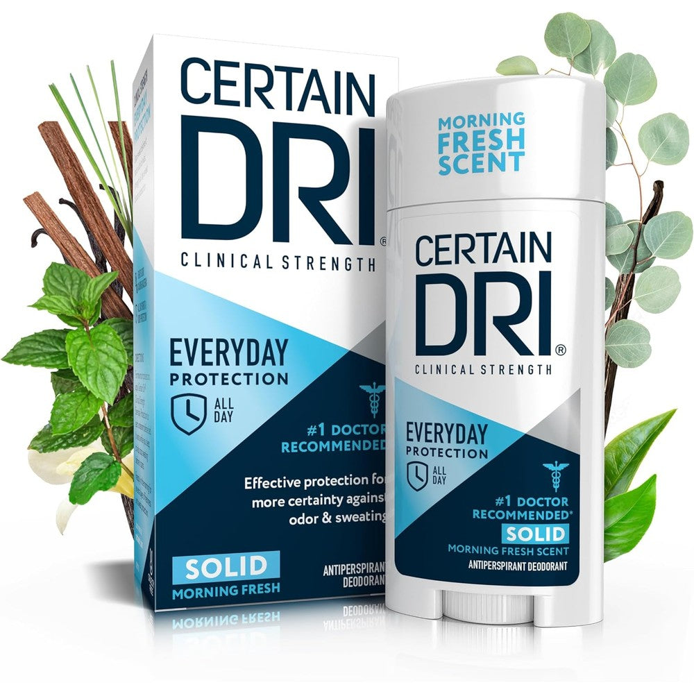 Certain Dri Everyday Strength Clinical Solid Antiperspirant front packaging view for hyperhidrosis sweat control