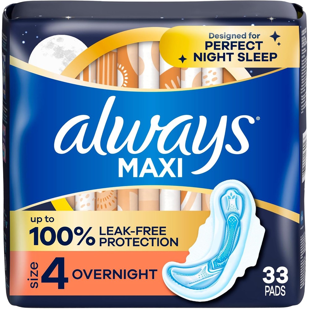 Always Maxi Overnight Pads Size 4 front packaging for heavy flow protection