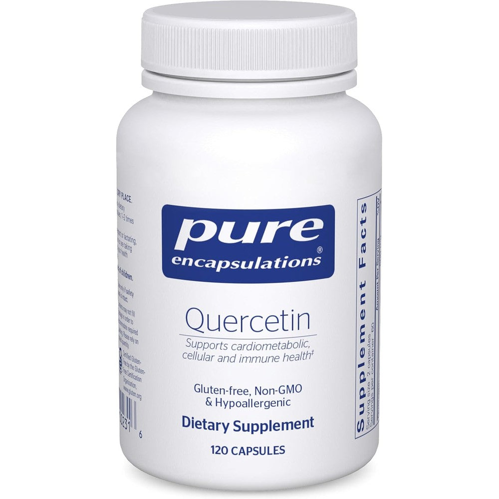 Pure Encapsulations Quercetin 500 mg 120 capsules bottle front view showing authentic immune support supplement