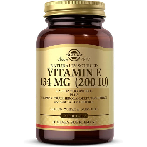 Solgar Vitamin E 200 IU 100 Softgels front view amber glass bottle