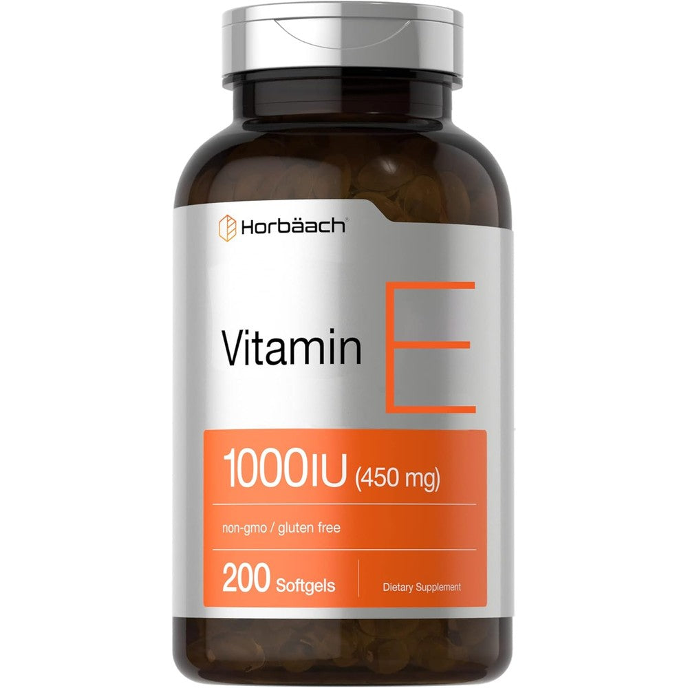 Horbaach Vitamin E 1000 IU 200 Softgels bottle front view for premium antioxidant support