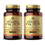 Solgar Vitamin E 100 IU front view bottle of imported antioxidant softgels