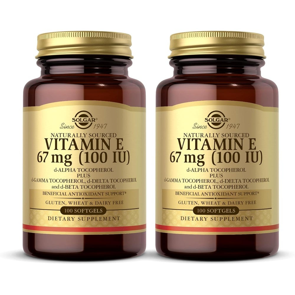Solgar Vitamin E 100 IU front view bottle of imported antioxidant softgels