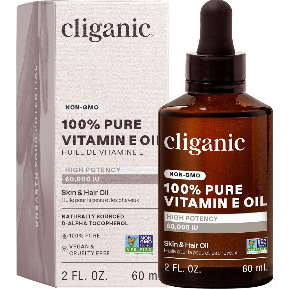 Cliganic Pure Vitamin E Oil sixty thousand IU bottle front view premium imported skincare