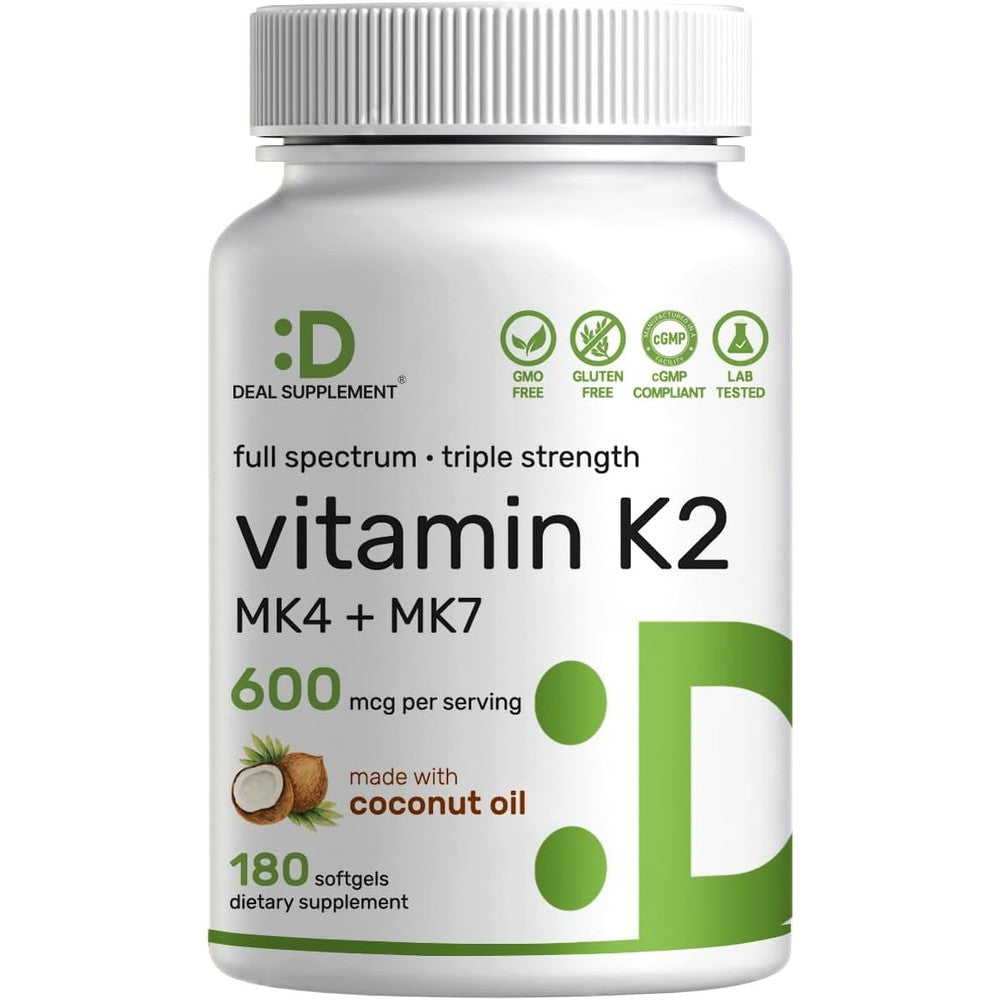 Deal Supplement Vitamin K2 600 mcg 180 softgels front bottle view