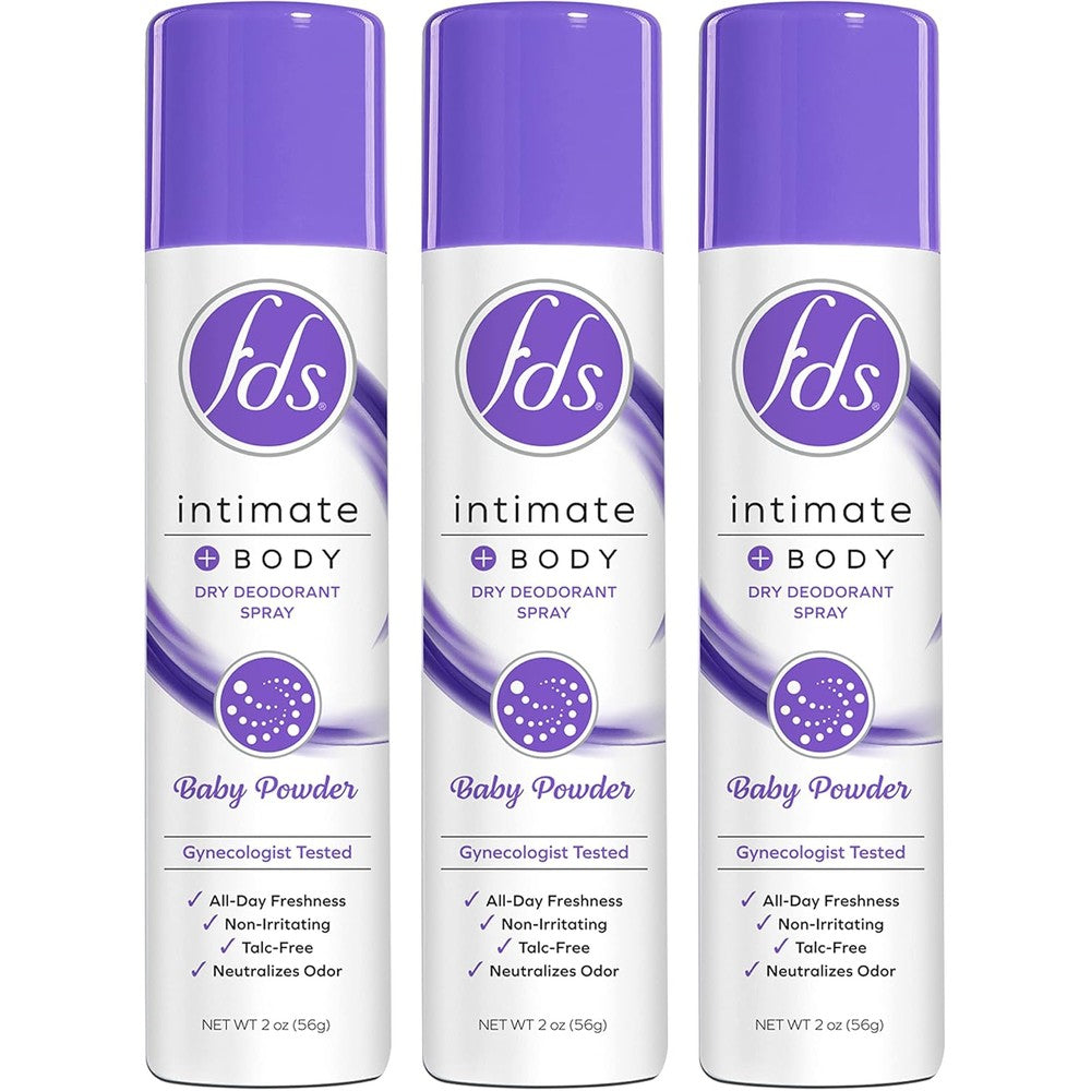 FDS Intimate Deodorant Spray Baby Powder 3-pack front view for feminine freshness.