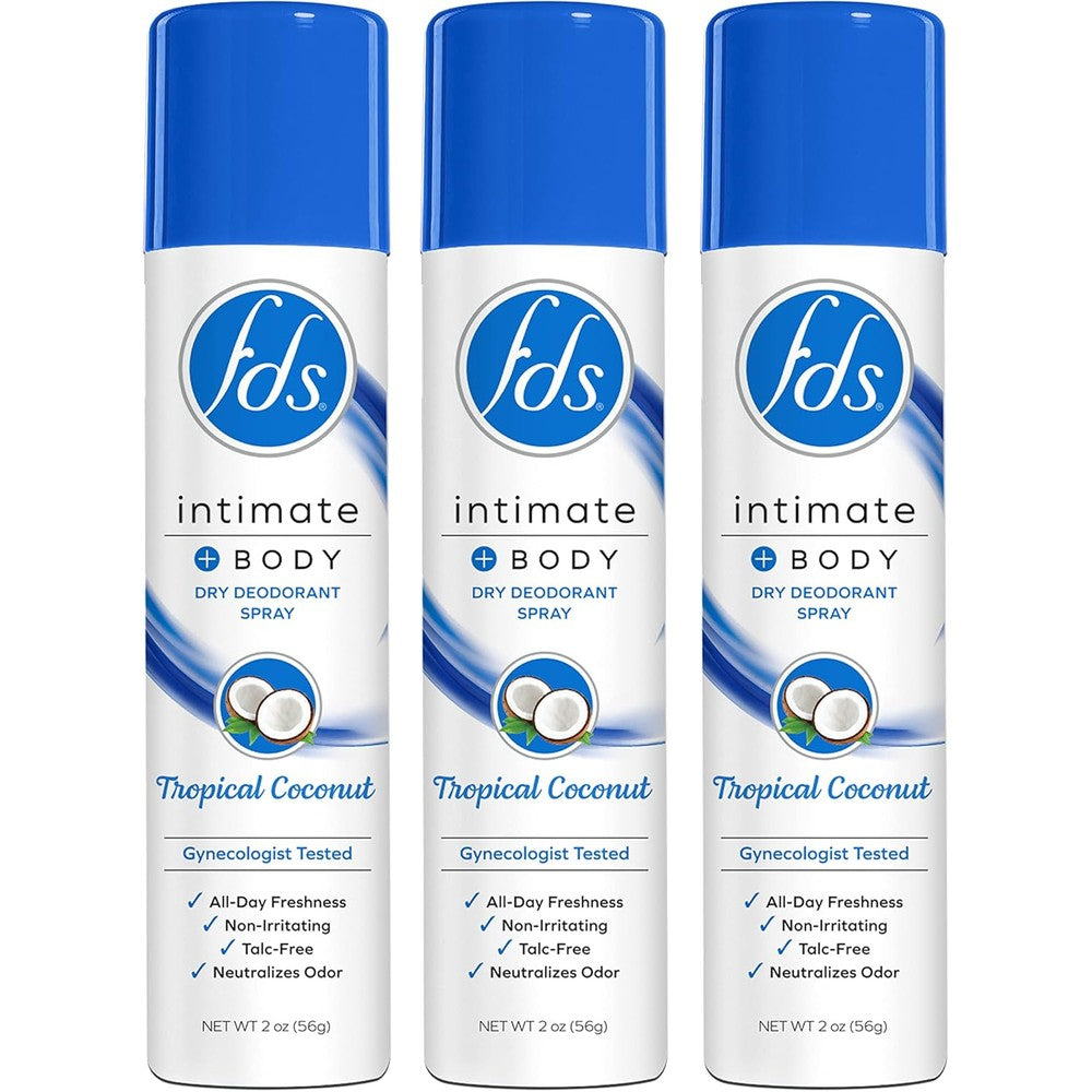 FDS Intimate Deodorant Spray Tropical Coconut pack of three front view feminine hygiene.