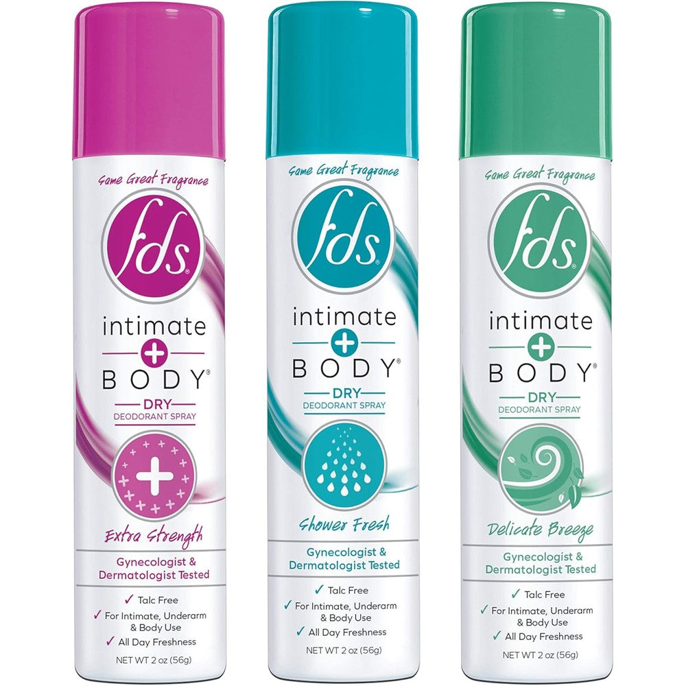 FDS Intimate Deodorant Spray Variety Pack front view showing Shower Fresh and Delicate Breeze bottles.