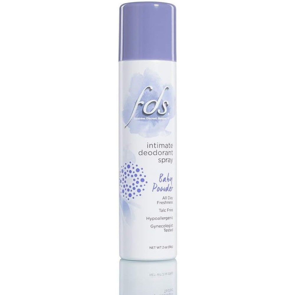 FDS Intimate and Whole Body Dry Deodorant Spray Baby Powder 3-Pack front view for feminine hygiene.