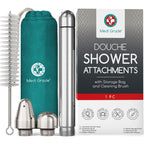 Medi Grade Shower Enema Kit front view showcasing three aluminum nozzles and storage bag.