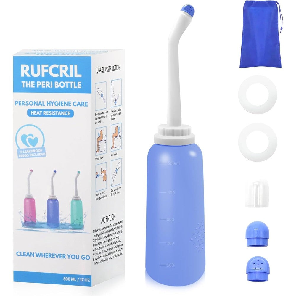 RUFCRIL Peri Bottle blue portable bidet front view for postpartum hygiene.