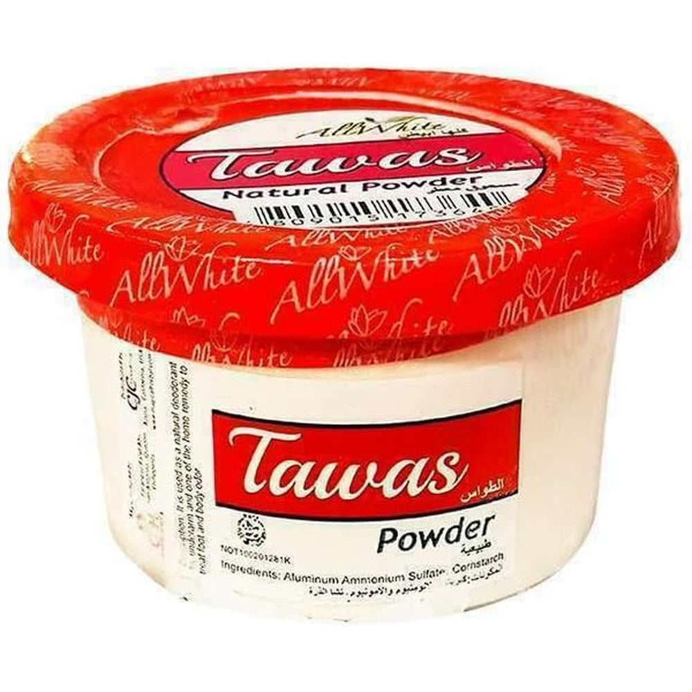 All White Natural Tawas Powder front view showing 38 gram container for body odor control.