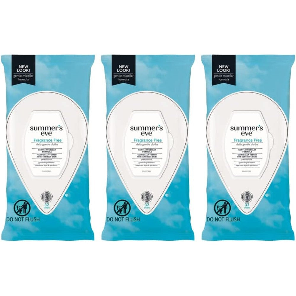 Summer's Eve Fragrance Free Cleansing Cloths front packaging showing 32 count.