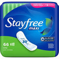 Stayfree Maxi Pads Super 66 Count front view packaging.