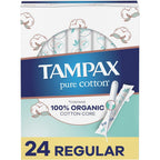 Tampax Pure Cotton Tampons 24 count front packaging showing organic cotton certification.