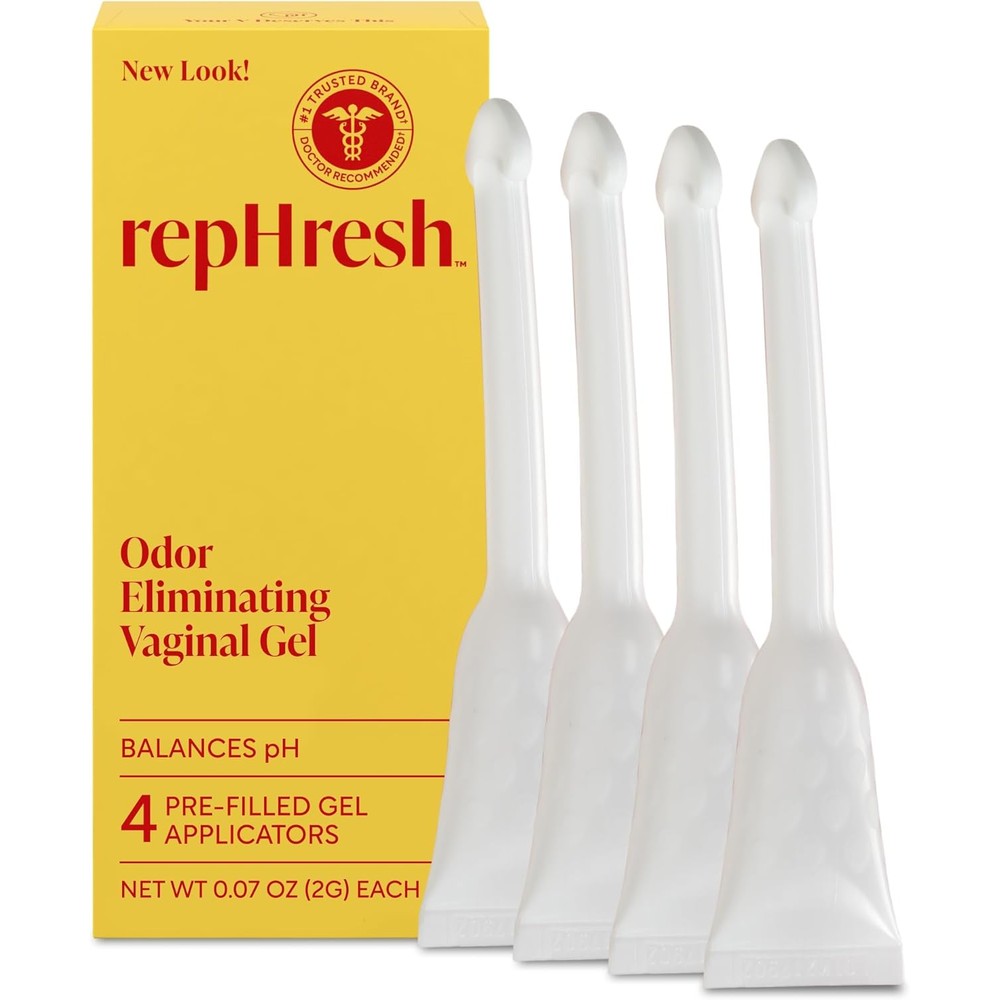 RepHresh Odor Eliminating Vaginal Gel front packaging showing four count count pre-filled applicators.