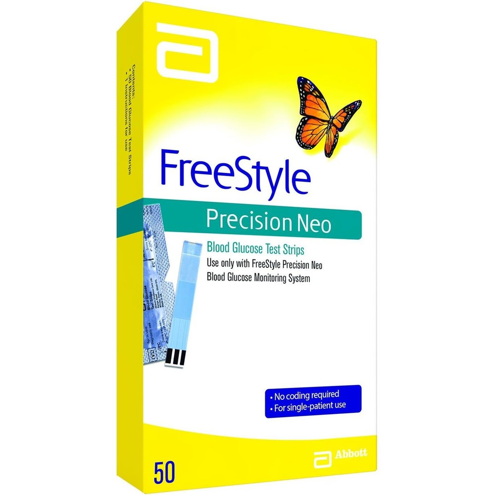 FreeStyle Precision Neo blood glucose test strips box front view showing fifty individually wrapped strips for accurate diabetes monitoring.