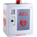 Pans Pro Stainless Steel AED Cabinet front view showing transparent window and strobe light.