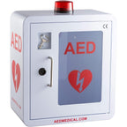 Pans Pro Stainless Steel AED Cabinet front view showing transparent window and strobe light.