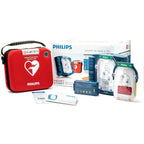 Philips HeartStart Home AED Defibrillator front view in red carrying case.