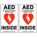 Defib Guy AED vinyl labels front view high visibility emergency signage.
