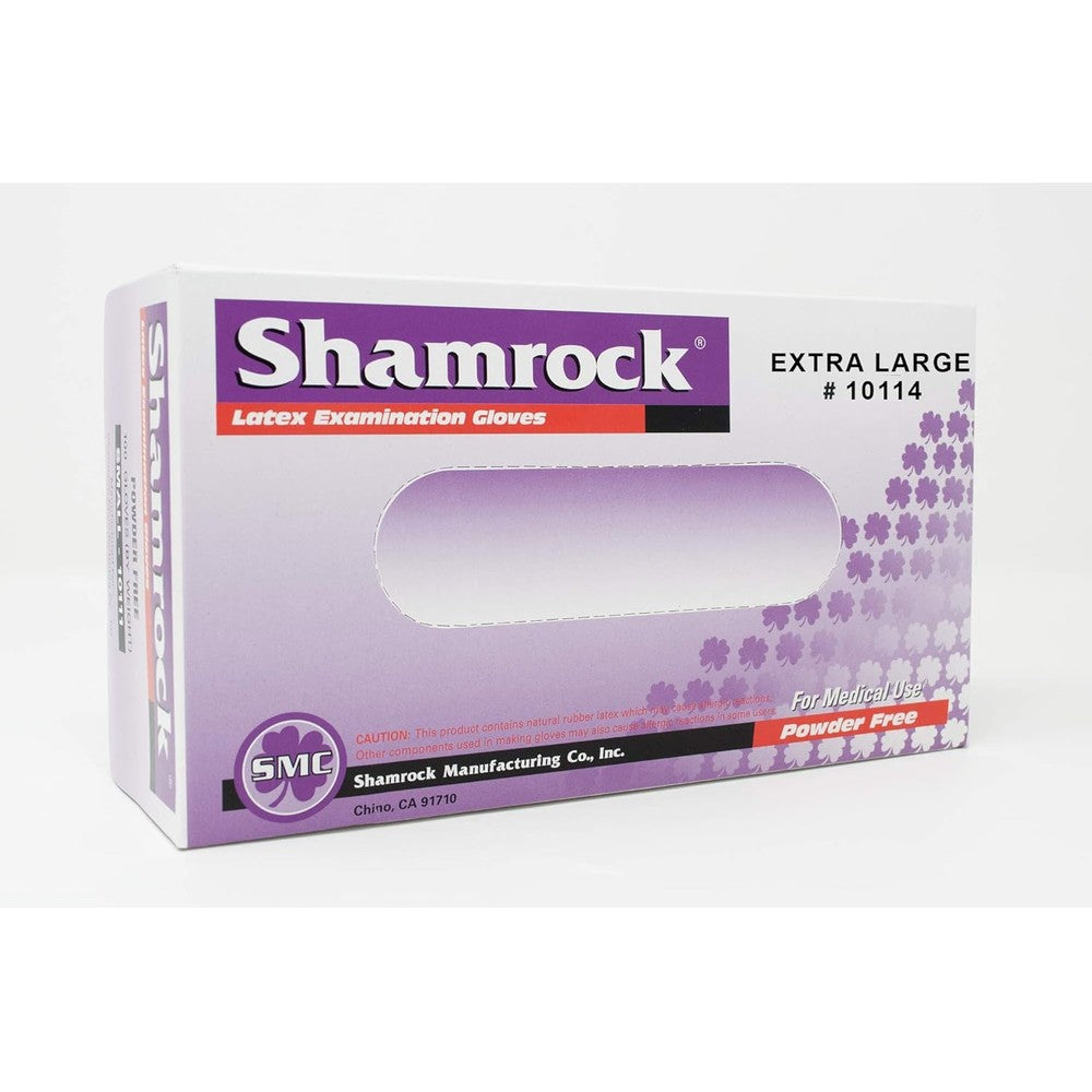Shamrock 10114P Extra Large Powder Free Textured Latex Examination Gloves front box view medical grade protection.