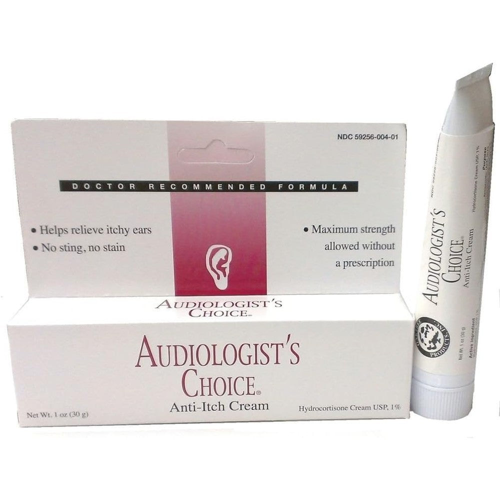 Audiologist's Choice Anti-Itch Cream one ounce tube front view for itchy ear relief.