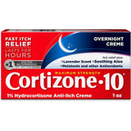 Cortizone-10 Maximum Strength Overnight Itch Relief Cream front tube view for eczema relief.
