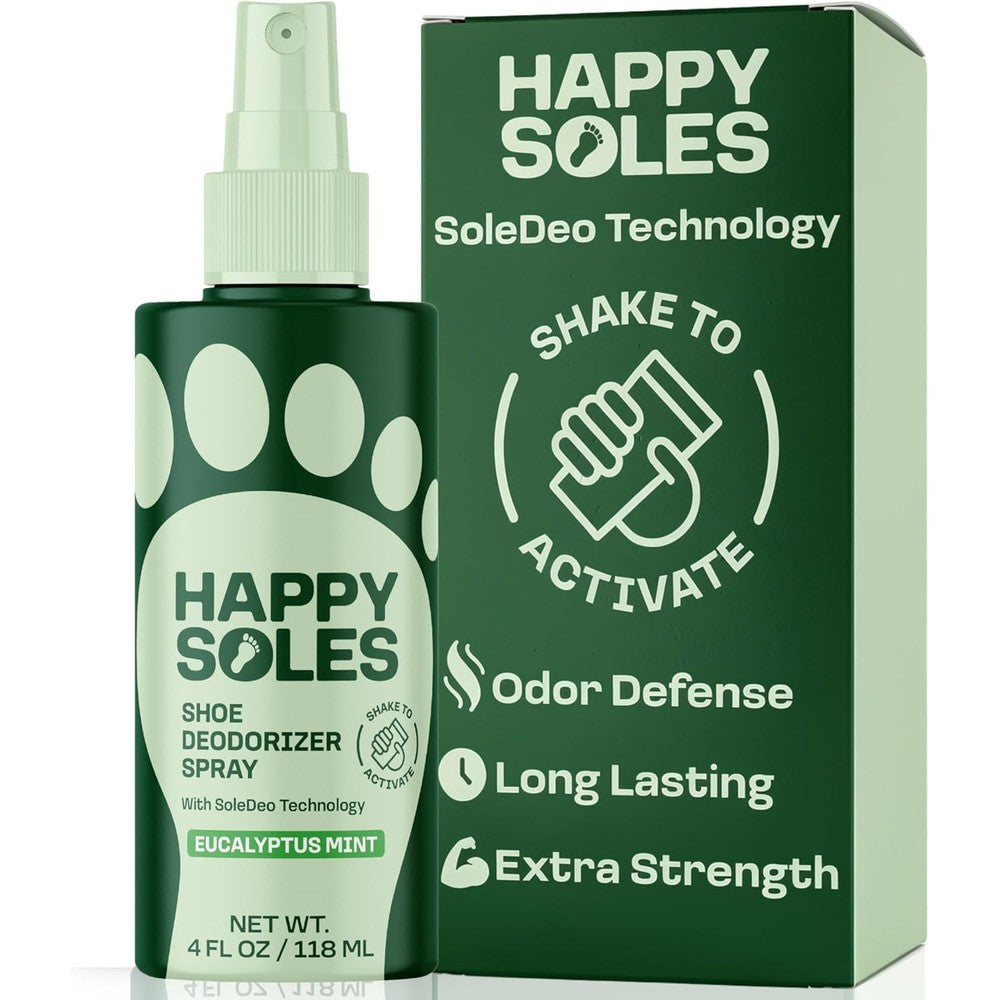 HAPPY SOLES Shoe Deodorizer Spray front view Eucalyptus Mint bottle