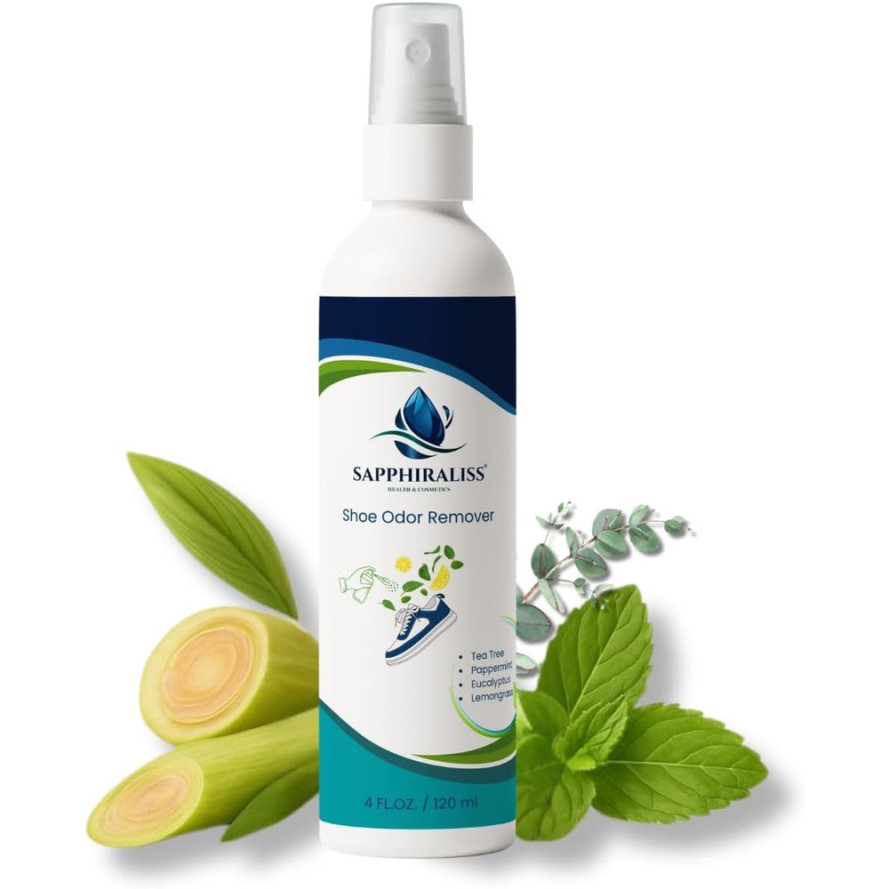 Sapphiraliss Natural Shoe Freshener Spray front view showing the 120ml bottle