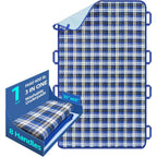 Huilink waterproof bed pads front view showing blue plaid design and reinforced positioning handles