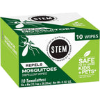 STEM Mosquito and Tick Repellent Wipes 10 Count front packaging view showcasing botanical extracts logo.