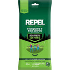 Repel Insect Repellent Mosquito and Tick Wipes front package view showcasing travel friendly fifteen count pouch.