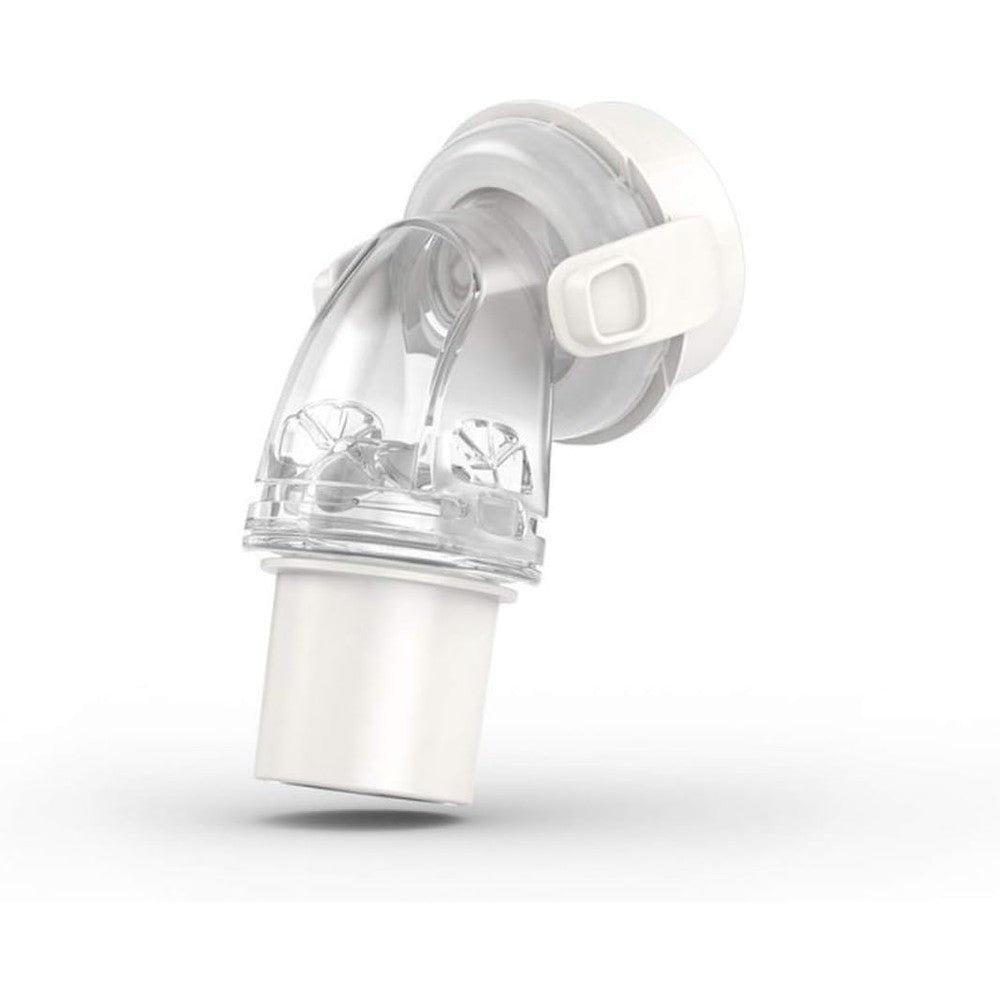 Resmed Airfit F20 and F30 QuietAir elbow front view showing vent design