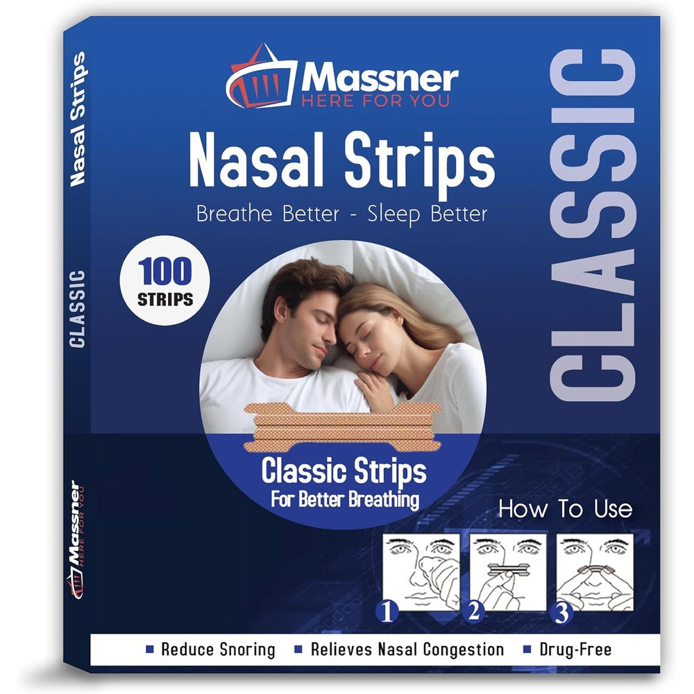 MASSNER Nasal Strips for Snoring 100 pack front view packaging