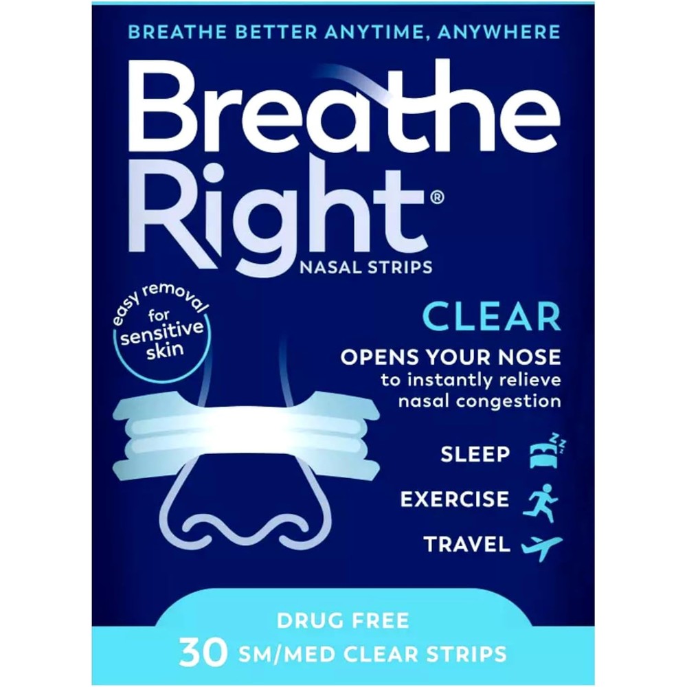 Breathe Right Clear Nasal Strips 30 count front box view for snoring relief