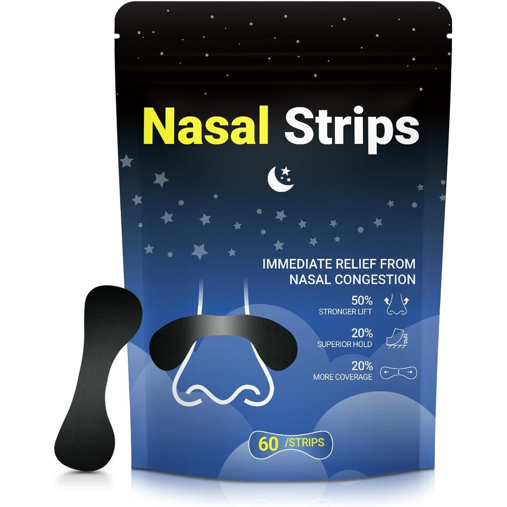 Flasture Extra Strength Nasal Strips 60 count pack front view for snoring relief.